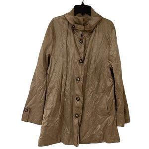 TravelSmith Sz LP Gold Metallic Crinkle Trench Jacket Raincoat Sunburst Buttons